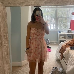 Lucy in the Sky Peach floral homecoming dress
